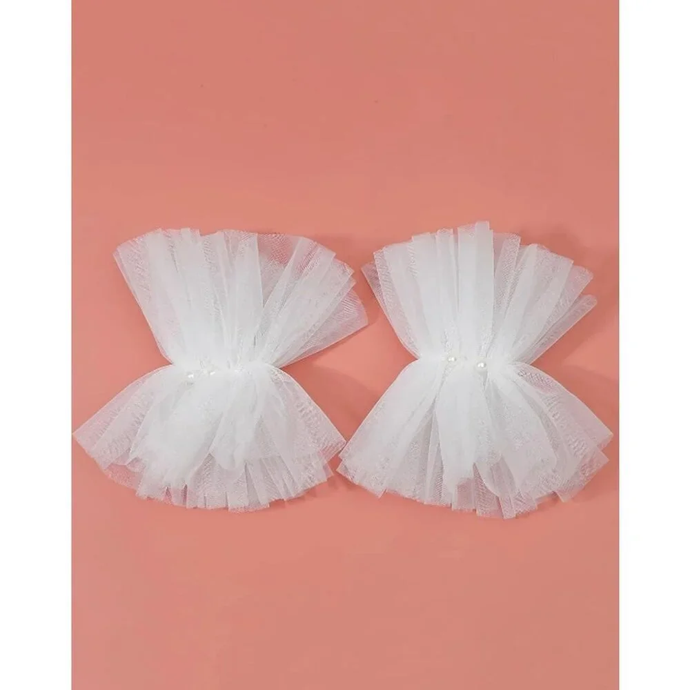 Women's Fingerless White Pearl Tulle Short Lace Gloves Wedding Party Prom